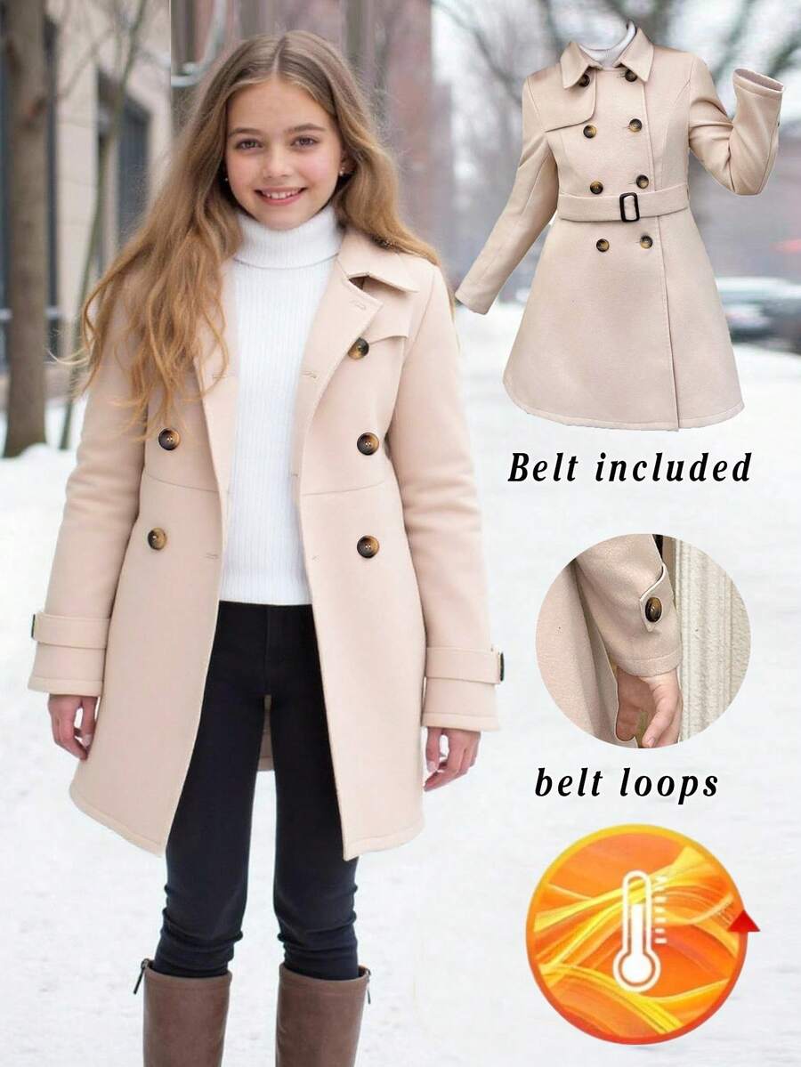 SHEIN Serisse Kids Tween Girls Classic Lapel Double-Breasted Cinched Waist Mid-Length Overcoat, Suitable For Weekend, Casual Outing, Back To School, Autumn/Winter