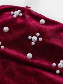 SHEIN 青少年女孩休闲日常外出串珠天鹅绒腰部收紧吊带裙，适合生日派对、红色连衣裙、圣诞节、新年 - 酒紅色 - 查看 12