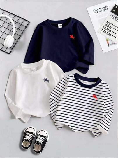 3pcs/Set Infant Toddler Boys' Fashion Minimalist Knight Horse Icon Navy, White, Navy & White Striped Crew Neck Soft Knit Long Sleeve T-Shirts, Baby & Toddler Clothing, Boys Tops, Boys T-Shirts, Infant Toddler Outfits, Infant Toddler 3-Piece Set, Suitable For Spring, Autumn, Winter, Suitable For Sports, Casual, Home, Minimalist Style, 6M-3T Baby Boy Tops Baby Boy Full Sleeve Tshirts Baby Boy Long Sleeve Tshirts Baby Boy Long Sleeve T Shirts
