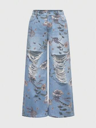Fairycore Jeans ampi e larghi in lavato con stampa floreale vintage, taglia comoda, colore blu chiaro