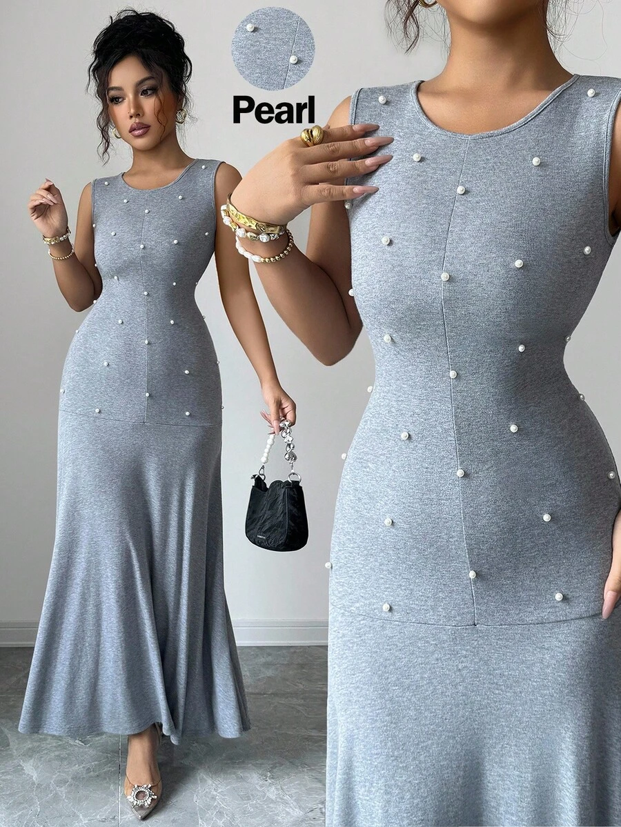 SHEIN Elenzya Women's New Gray Elastic Knit Round Neck Sleeveless Waist Cinched A-Line Fish Tail Hem Fitted Maxi Dress With Handcrafted Pearl Detail, Elegant Casual Versatile Everyday Wear, Minimalist Commute Fashion, Autumn/Winter - Grey - View 1