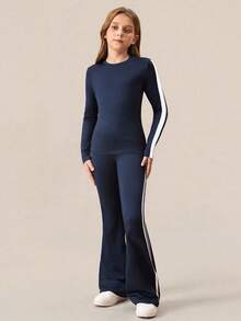 SHEIN 青少年女孩两件套服装，休闲时尚舒适长袖上衣和裤子套装，蓝色 - 藍色 - 查看 4