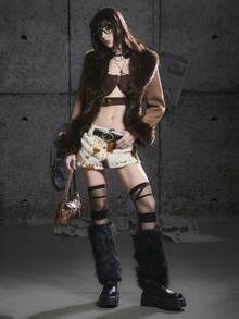 Bloopia Retro Bohemian Chic Casual Cá nhân hóa Tối giản Thiết kế Halloween Thu/Đông cho nữ Áo khoác lông thú giả cỡ lớn cổ vá bằng da lộn lót lông hỗn hợp tay chuông hở phía trước - màu đen - Xem 1