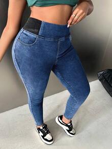 SHEIN EZwear Plus Size High Waist Stretchy Black Skinny Fit Jean Hollowed Costumes Christmas Women Clothes - Light Wash - View 6