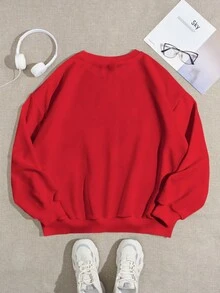 Slaydiva Sudadera holgada de mujer de cuello redondo de manga larga con estampado minimalista casual, adecuada para otoño/invierno - Rojo - Ver 2