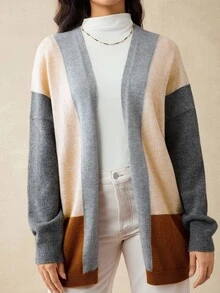 Boho Mama 孕妇拼色长袖开襟休闲宽松针织开衫，秋冬 - 彩色 - 查看 3