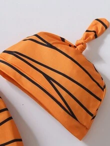 SHEIN Playful Pals 3件套新生儿木乃伊服装套装 - 连体衣、裤子、帽子，适合圣诞节、派对、生日、拍照、日常穿着，春夏秋冬皆宜。卡通婴儿服装，木乃伊宝宝套装，橙色套装，男宝宝