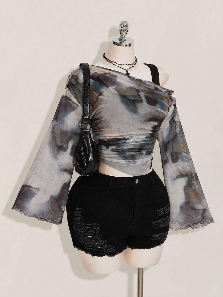 SHEIN ICON Blusa de tallas grandes para mujer con estampado de teñido anudado 2 en 1 - Multicolor - Añade 3