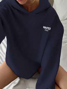 DAZY Women's Hooded Loose Casual Sweatshirt With Print - Navy Blue - View 1