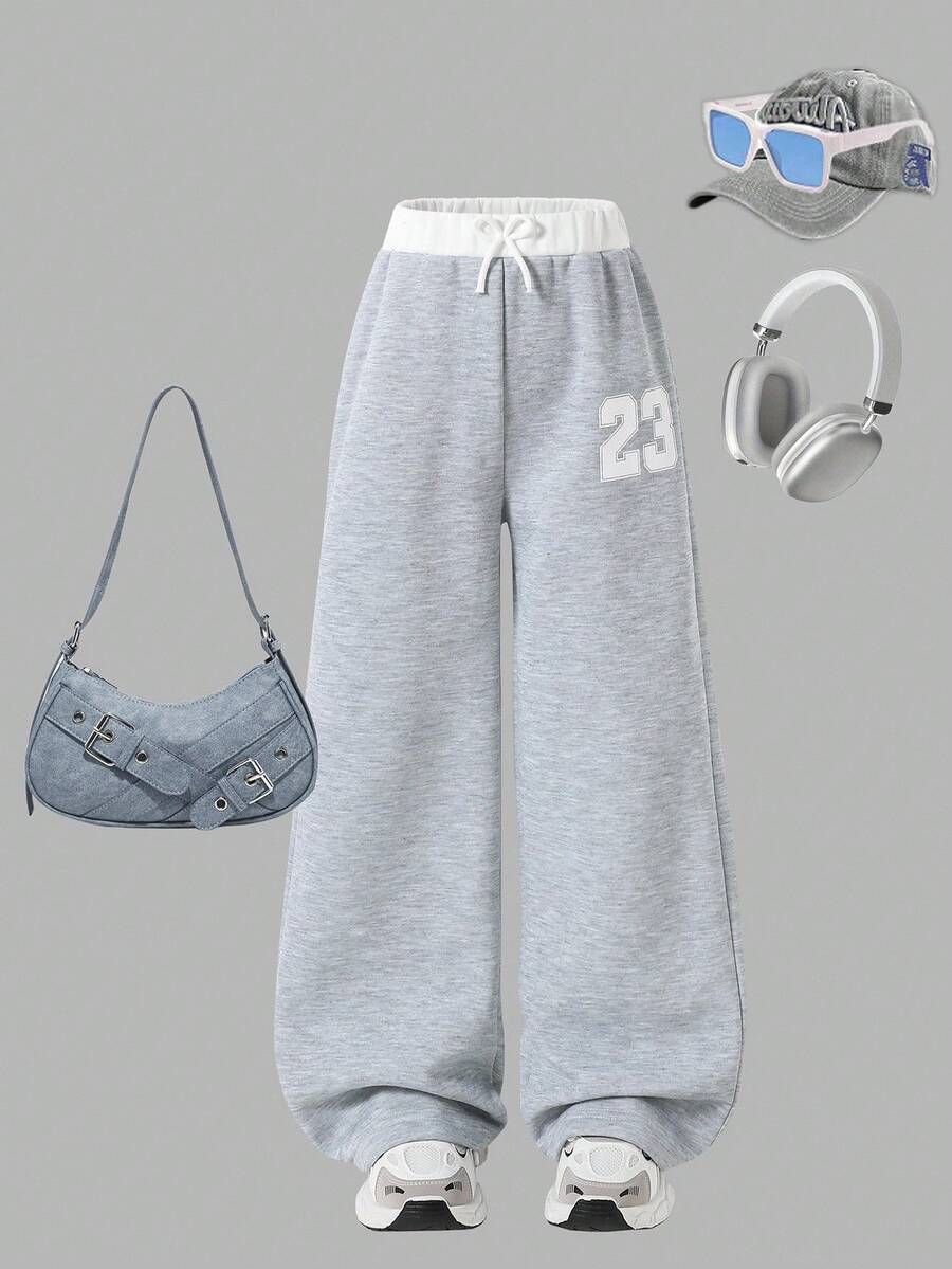 Sparklyn Tween Girls Casual Colorblock Waistband Knit Fabric Straight Leg Pants, Loose Fit With Numeric Print, Comfortable For Autumn/Winter Daily, Commute, Outdoor, Party, Photo Shoot - Grey - View 1