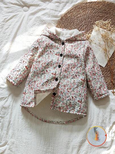 SHEIN Vintaside Kids 年轻女孩的碎花保暖内衬连帽纽扣夹克，时尚休闲，适合日常穿着