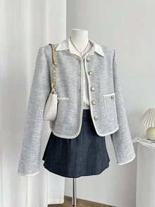 Celisse Elegant Women's Jacket With Tweed Fabric Patchwork, Pockets And Metal Buttons - Grey - View 6