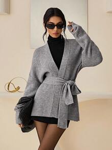 Lyxana Damen einfarbiger Cardigan mit Trompetenärmeln, Langarm, Lässig, mit Gürtel, Herbst/Winter - Grau - Übersicht 6