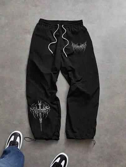 Sport MetroGents Pantalones deportivos casuales y versátiles para hombres con estampado gráfico y cintura con cordón, pantalones de chándal holgados, pantalones de chándal negros, ropa de gimnasio gótica, pantalones de chándal