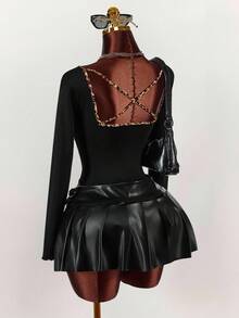 Amplova Y2K Black Leopard Print Contrast Heart Chest Tie Strap Bodycon Long Sleeve Sexy Blouse For Women - Multicolor - View 2