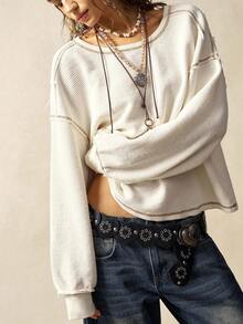 Bohemela Women's Casual Solid Color Knit Crew Neck Long Sleeve Loose Washed T-Shirt,White Top