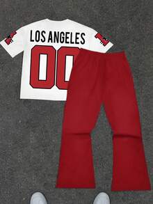 SHEIN Tween Boy Y2K 秋季新款休闲简约风格英文数字和卡通印花运动街头风圆领 T 恤和喇叭裤 2 件套，适合夏季 - 彩色 - 查看 3