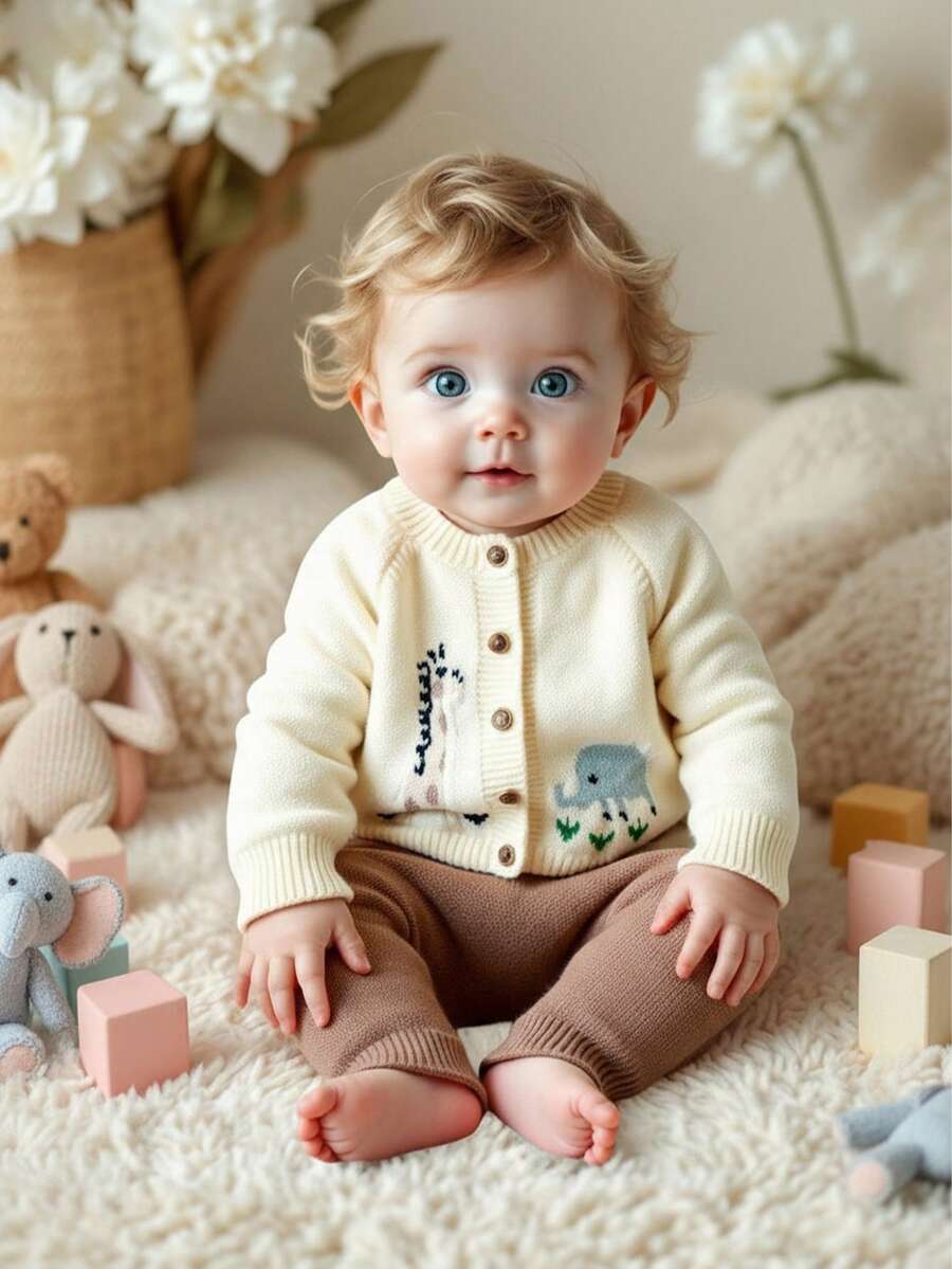 SHEIN 新生儿卡通动物图案纽扣前开衫，休闲日常穿着，秋冬 - 杏色 - 查看 1