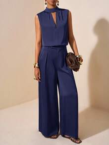 Zivah 2025 Spring/Summer New Music Festival, Easter, St. Patrick's Day, Western, Nomadic, Birthday Party, Graduation, College, Student, Daily Casual, Basic, Leisure, Vacation, Cruise, Beach, Sunbathing, Viral Hit, Streetwear, Wedding Guest Boho, Commute, Brunch, Airport Outfit 2 Pieces Set: Satin-Faced Acetate Linen-Like Mock Neck Ruched Sleeveless Top And Suit Pants - Navy Blue - View 1