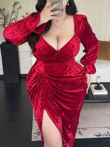 Flirla Vestido mini rojo de terciopelo brillante con diamantes, vestido de cóctel elegante de moda con pliegues en la cintura y abertura lateral, adecuado para fiestas de Navidad, ocasiones formales y citas - Rojo - Ver 3