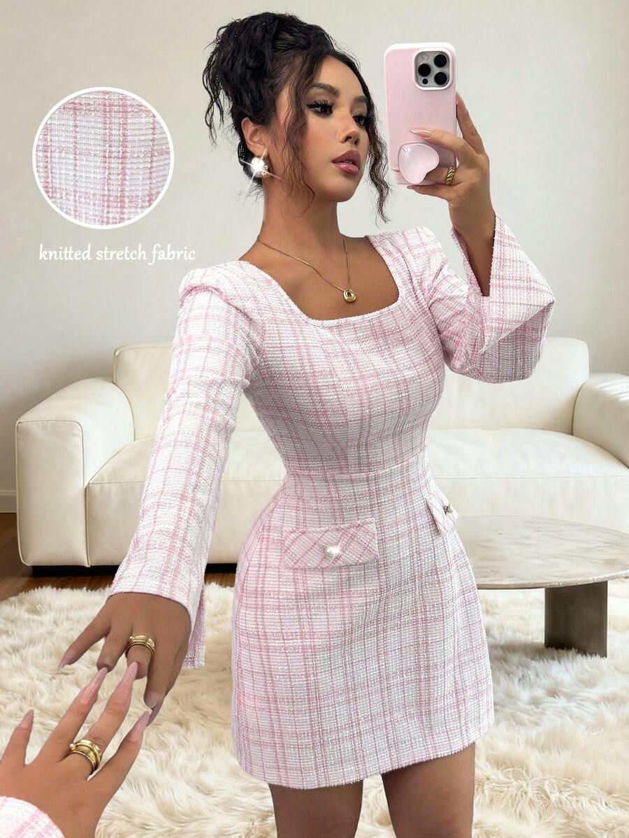 Elenzga New Women's Square Neck Long Sleeve Knit Faux Pocket A-Line Design Dress, Suitable For Spring, Autumn, Winter, Christmas, Everyday, Commute, Party, Young & Fashionable, Elegant - Pink - View 1