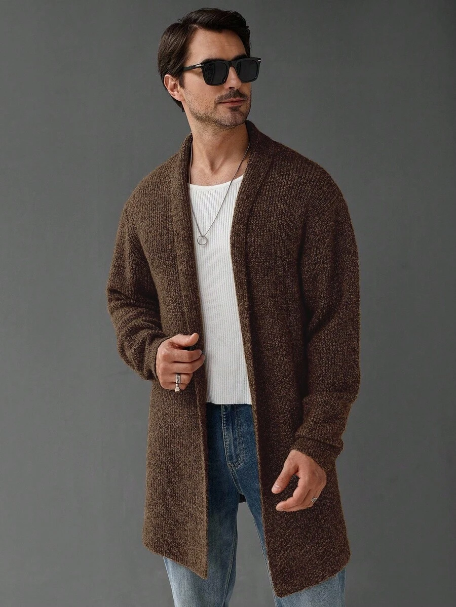 Manfinity Homme Men's Solid Color Drop Shoulder Casual Loose Knit Ribbed Long Sleeve Cardigan, Fall/Winter - Rust Brown - View 1