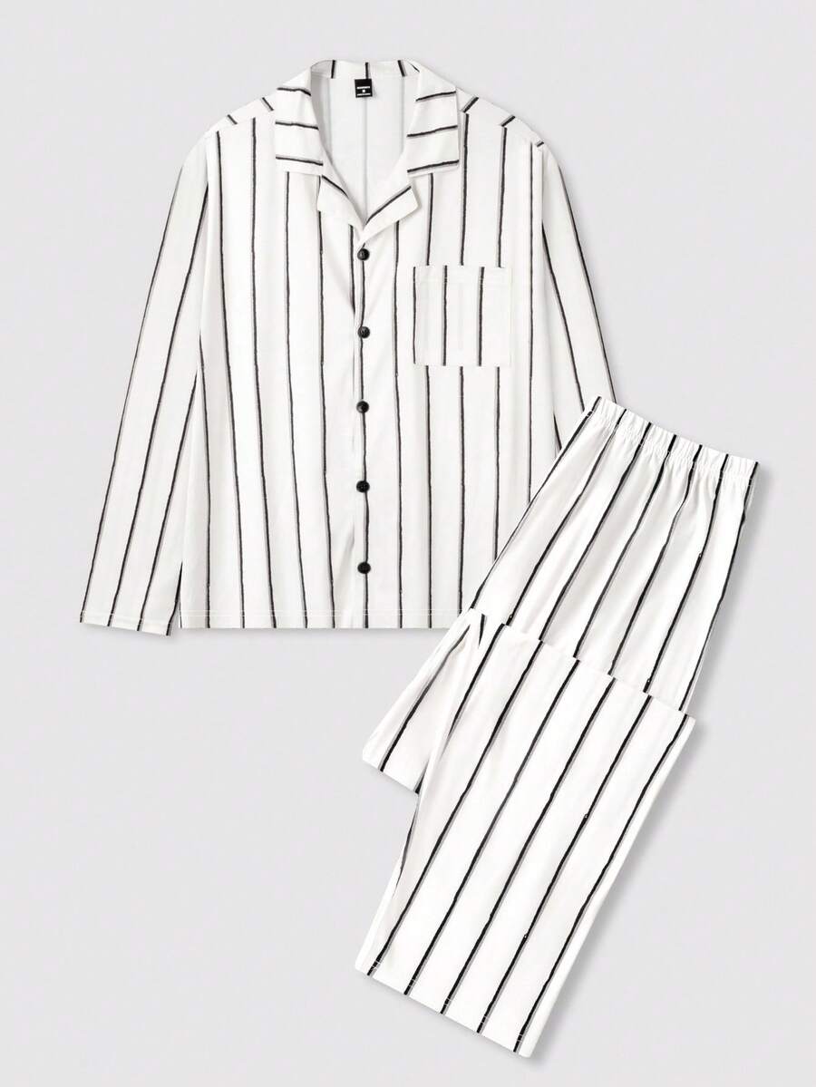 SHEIN Striped Button-Front Pocket Long Sleeve Pants Men's Pajama Set, Fall Clothes - Multicolor - View 1