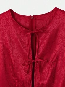 lacRébo Váy midi satin họa tiết hoa jacquard, chi tiết buộc ba phía trước, trang phục dự tiệc thanh lịch cho nữ mùa thu đông - Đỏ - Xem 9