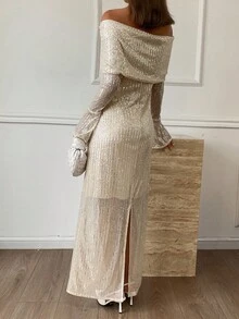 DAZY 女士纯色露肩喇叭袖亮片修身优雅连衣裙 舞会礼服 新年女士服装 嘉年华闪亮连衣裙 - 杏色 - 查看 2