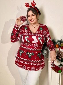 SHEIN Essnce 大码女装秋冬时尚休闲弹力舒适日常圣诞V领上衣，秋季，圣诞节，曲线可爱上衣 - 紅色 - 查看 3