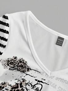 Attitoon 女士V领休闲百搭复古条纹朋克哥特骷髅豹纹字母印花修身长袖T恤，适合叠穿、机场、Y2K、时尚 - 白色 - 查看 3