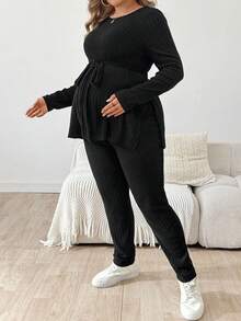 SHEIN Fall Clothes,Autumn Clothes,Maternity Autumn/Winter Clothes 2pcs/Set Maternity Plus Size Solid Color Round Neck Long Sleeve Side Slit Ribbed T-Shirt And Adjustable Waist Pants, Casual Two Piece Set Women Plus Size 2 Piece Set Plus Size Plus Size Pants Set Lounge Sets Plus Size Curve Plus Plus Size Co Ords Curve Plus Size Co Ords 2piece Set Plus Size Plus Size Lounge Sets Plus Size Two Piece Set