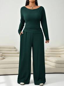 Solflare 2 pezzi/Set Verde oliva Taglia grande Maglietta a girocollo a maniche lunghe e Pantaloni Set per Donna