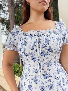 Nezia Cruz Women's Elegant Floral Print Square Neck Mini Dress With Ruffle Trim And Ruffle Sleeves, Suitable For Spring/Summer/Autumn - Blue - View 6