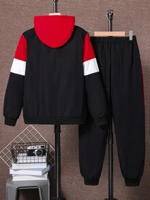 Vacaura 2 件套休闲运动风格合作款拼色连帽衫和抽绳腰运动裤套装，宽松版型，罗纹袖口，适合日常穿着、通勤、学生装、街头服饰