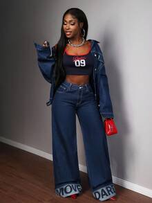 Slaydiva 女装时尚通勤字母印花阔腿牛仔裤阔腿牛仔裤套装Y2K翻边直筒裤字母印花时尚出游衣服 - 深色水洗藍 - 查看 7