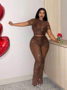 Slaydiva Bộ 2 món tay ngắn phối lưới đen lấp lánh gợi cảm ngày lễ tình nhân Slayr Plus - màu nâu - Xem 1