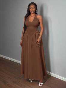 Slaydiva 优雅的V领露背连衣裙，白色，夏日假期 - 棕色 - 查看 6