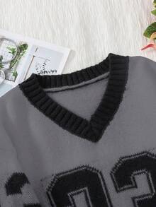 SLAYR Tween Girl Tween Girls' Casual Comfortable Black & Grey Numeric V-Neck Loose Knit Sweater Autumn Winter Clothes FGirlmen - Grey - View 5