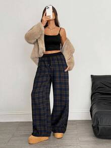 SHEIN Tall Lässige mehrfarbige karierte Hose mit weitem Bein für Damen, lange Hose aus gewebtem Stoff mit Taschendetails und verstellbarem Kordelzug, karierte Hose, lockere Hose für Damen, Pyjamahose, Loungehose, Hose mit weitem Bein für Damen