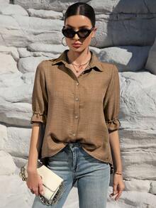 SHEIN LUNE 女式梭织休闲常规夏季衬衫 - 卡其色 - 查看 3
