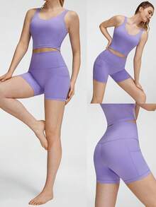 GLOWMODE FeatherFit™ U-Back Crop Active Tank & Quần short dành cho người đi xe đạp kiểm soát bụng 4,3" Bộ Yoga tác động thấp hàng ngày - Màu tím - Xem 10