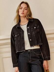 Écloséra 素色毛邊下擺落肩牛仔夾克 - 黑色 - 查看 5