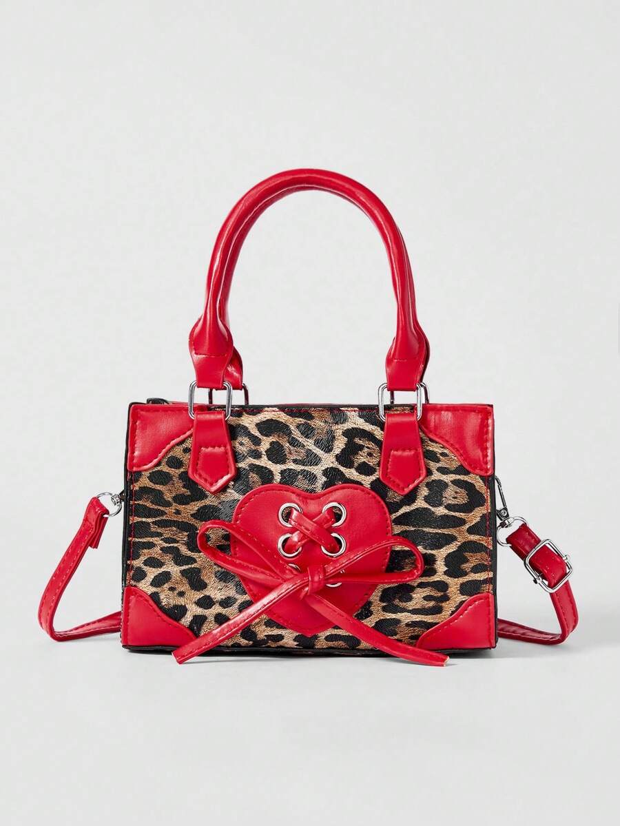 ROMWE Goth 时尚复古迷你豹纹蝴蝶结装饰撞色 PU 拉链手提包，单肩包，带可调节肩带，适合女士购物、派对、情人节礼物、日常使用，最佳母亲节礼物
