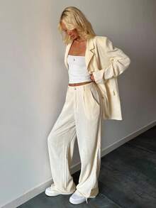 SHEIN EZwear Traje de chaqueta y pantalones de unicolor casual y de oficina para mujer, ropa de otoño e invierno - Albaricoque - Ver 3