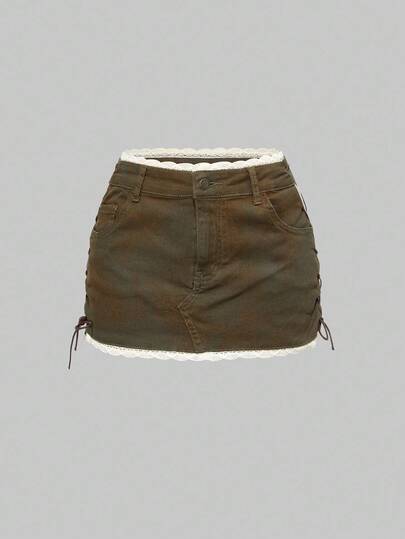 ROMWE Avant Gonna di jeans vintage e rustica da donna, con patchwork in pizzo, allacciatura, vita bassa e effetto vissuto