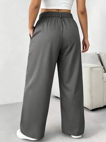 SHEIN PETITE CURVE 秋冬大码纯色纽扣休闲阔腿裤 - 灰色 - 查看 2