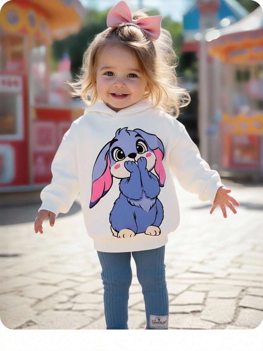 Babygirl 可爱卡通图案连帽卫衣和松紧腰裤套装，秋冬 - 藍白色 - 查看 1