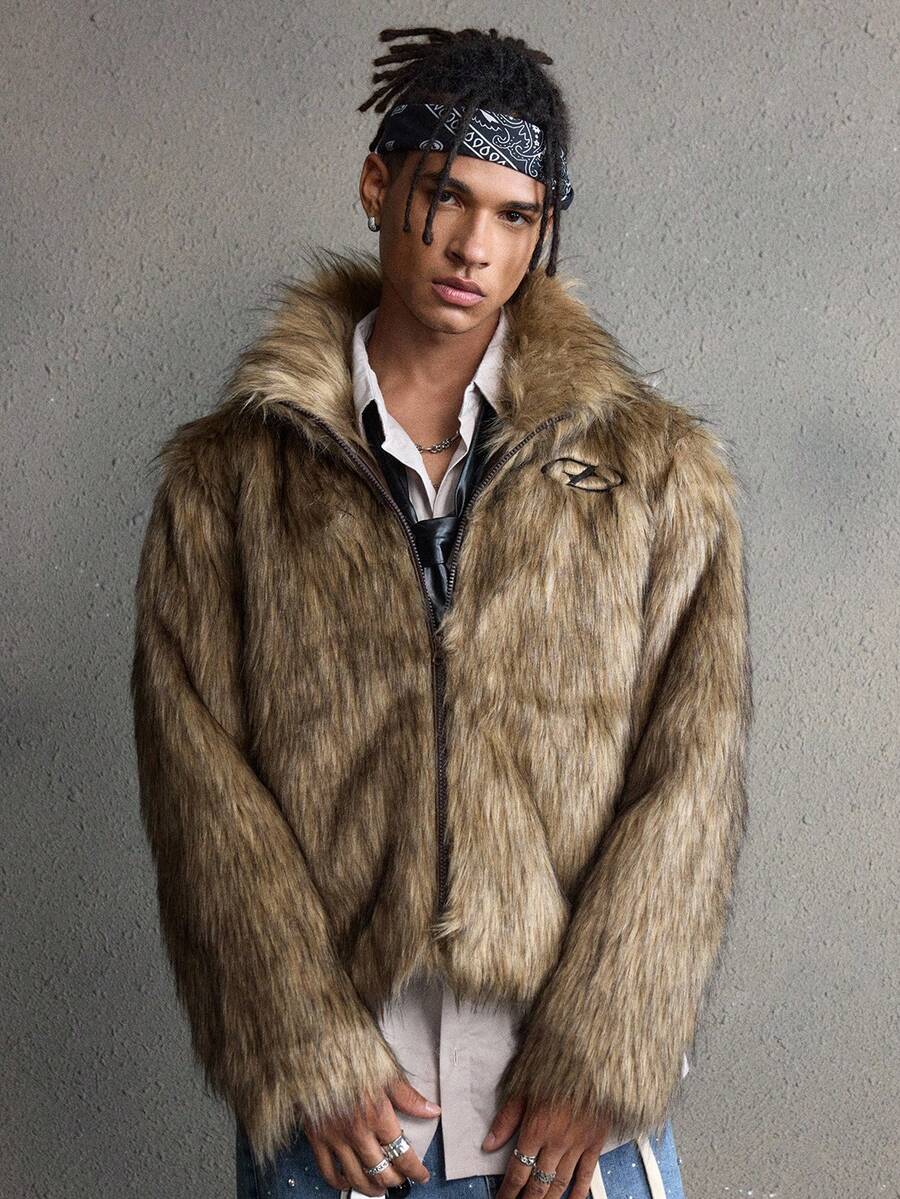 AXEPEAK Men's Autumn/Winter Zipper Faux Fur Casual Long Sleeve Coat - Khaki - View 1