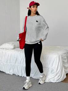SHEIN EZwear 2件套小马印花图案宽松圆领运动衫和紧身打底裤，秋冬 - 彩色 - 查看 5
